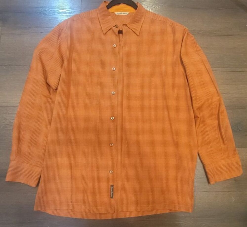 Tommy Bahama Men Long Sleeve Button Down 100% Silk Med. Orange Plaid Dress Shirt